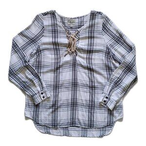 GH Bass & Co Black & White Plaid Lace-Up Blouse Top Long Sleeve Women’s Size L